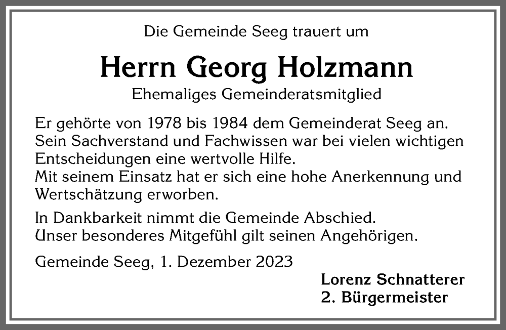  Traueranzeige für Georg Holzmann vom 04.12.2023 aus Allgäuer Zeitung, Füssen
