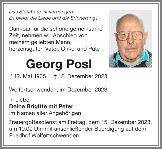 Traueranzeige von Georg Posl von Memminger Zeitung
