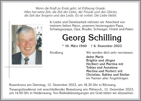 Traueranzeige von Georg Schilling von Allgäuer Zeitung,Kempten