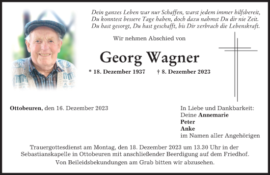 Traueranzeige von Georg Wagner von Memminger Zeitung