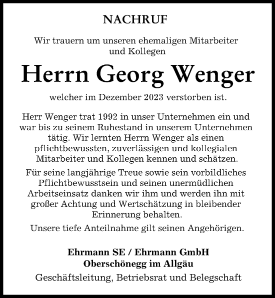 Traueranzeige von Georg Wenger von Augsburger Allgemeine, Illertisser Zeitung