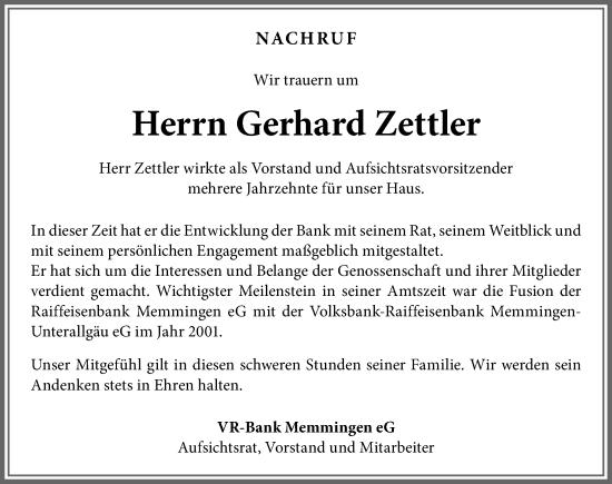 Traueranzeige von Gerhard Zettler von Memminger Zeitung