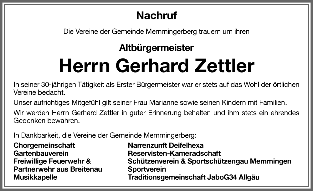  Traueranzeige für Gerhard Zettler vom 02.12.2023 aus Memminger Zeitung