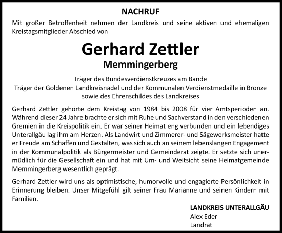 Traueranzeige von Gerhard Zettler von Augsburger Allgemeine, Mindelheimer Zeitung