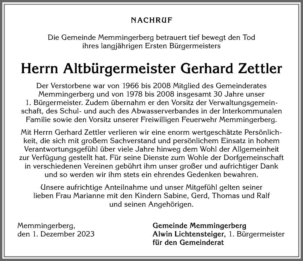  Traueranzeige für Gerhard Zettler vom 01.12.2023 aus Memminger Zeitung