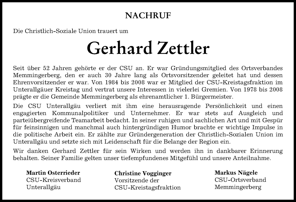  Traueranzeige für Gerhard Zettler vom 05.12.2023 aus Memminger Zeitung