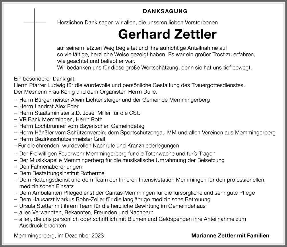  Traueranzeige für Gerhard Zettler vom 21.12.2023 aus Memminger Zeitung