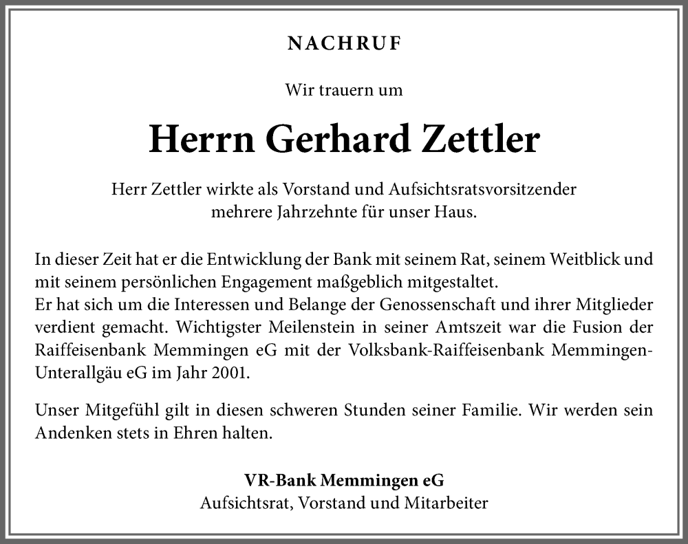  Traueranzeige für Gerhard Zettler vom 01.12.2023 aus Memminger Zeitung