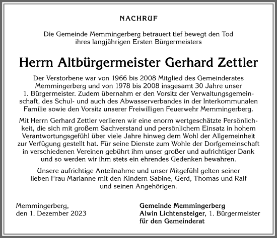 Traueranzeige von Gerhard Zettler von Memminger Zeitung