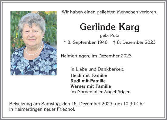 Traueranzeige von Gerlinde Karg von Memminger Zeitung