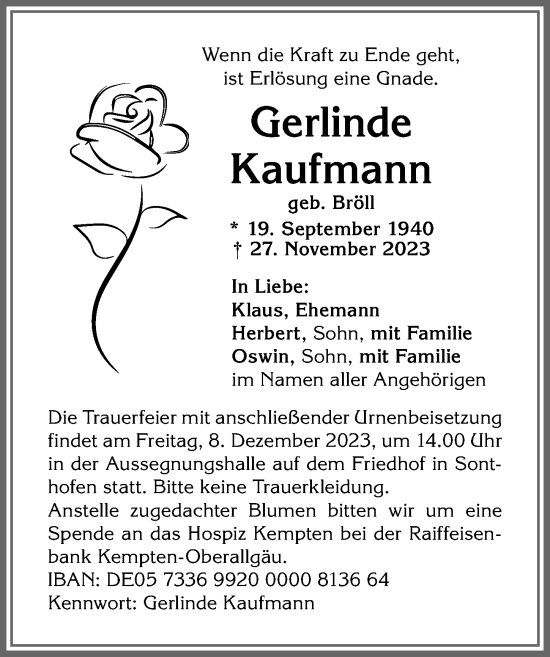 Traueranzeige von Gerlinde Kaufmann von Allgäuer Anzeigeblatt