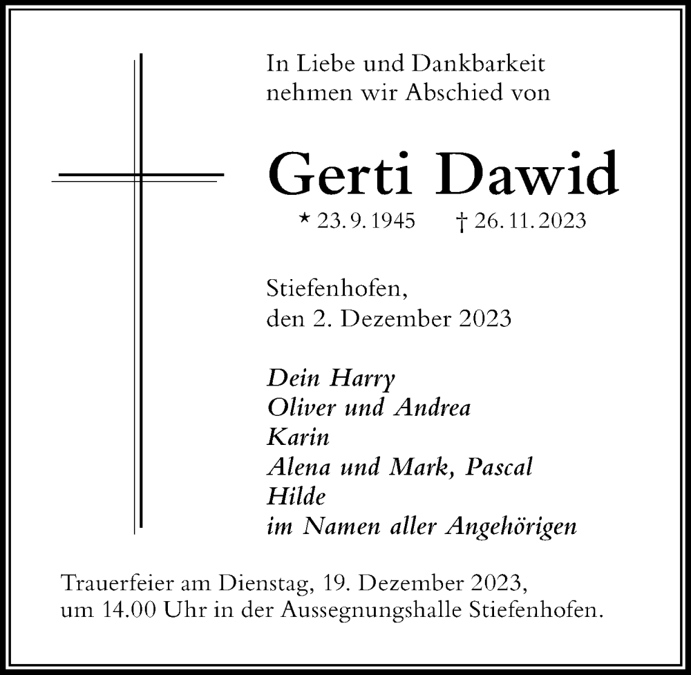  Traueranzeige für Gerti Dawid vom 02.12.2023 aus Der Westallgäuer