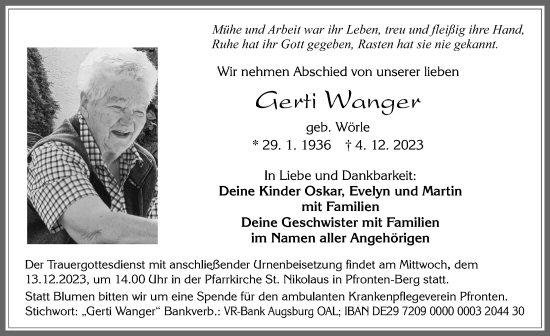 Traueranzeige von Gerti Wanger von Allgäuer Zeitung, Füssen