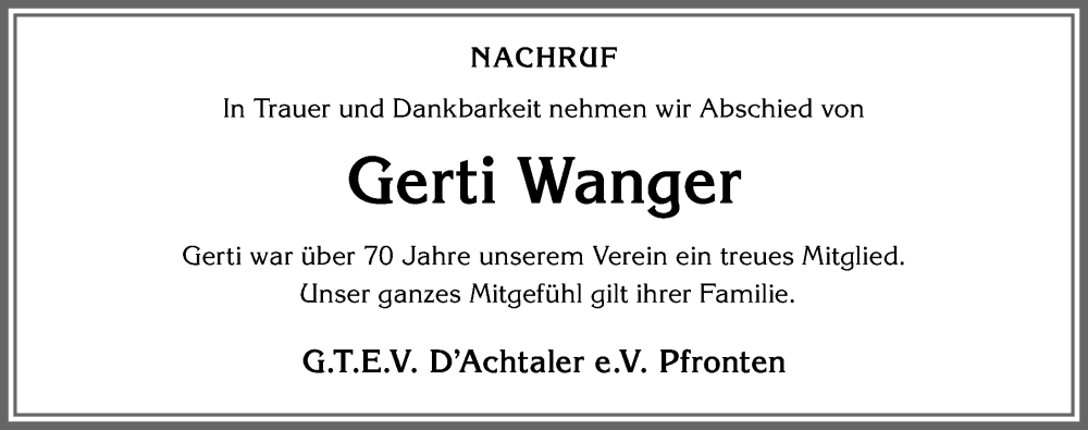 Traueranzeige für Gerti Wanger vom 15.12.2023 aus Allgäuer Zeitung, Füssen