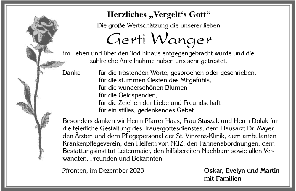  Traueranzeige für Gerti Wanger vom 28.12.2023 aus Allgäuer Zeitung, Füssen