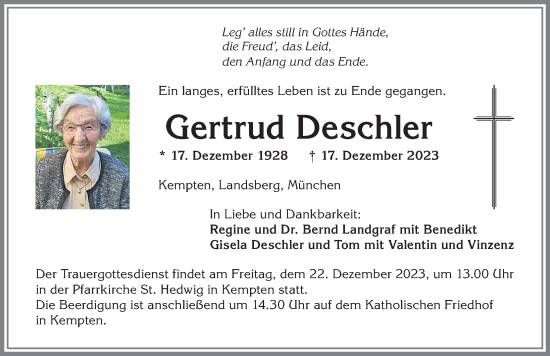 Traueranzeige von Gertrud Deschler von Allgäuer Zeitung,Kempten