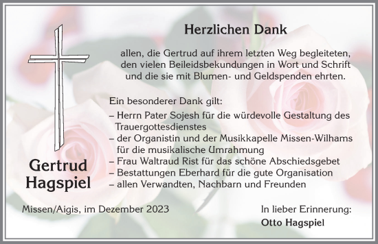 Traueranzeige von Gertrud Hagspiel von Allgäuer Anzeigeblatt