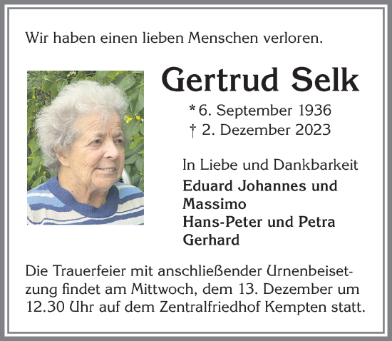 Traueranzeige von Gertrud Selk von Allgäuer Zeitung,Kempten