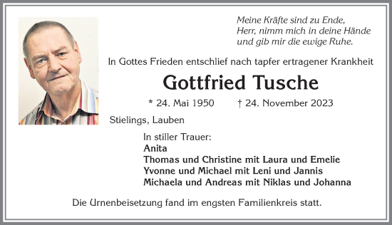 Traueranzeige von Gottfried Tusche von Allgäuer Zeitung,Kempten