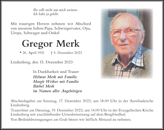 Traueranzeige von Gregor Merk von Der Westallgäuer