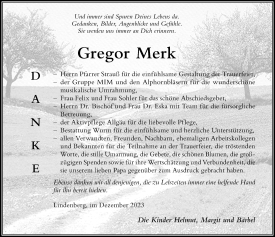 Traueranzeige von Gregor Merk von Der Westallgäuer