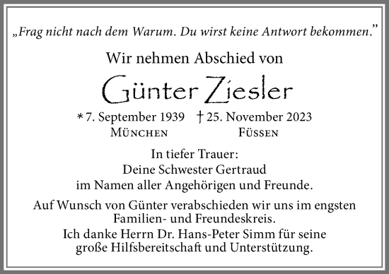 Traueranzeige von Günter Ziesler von Allgäuer Zeitung, Füssen