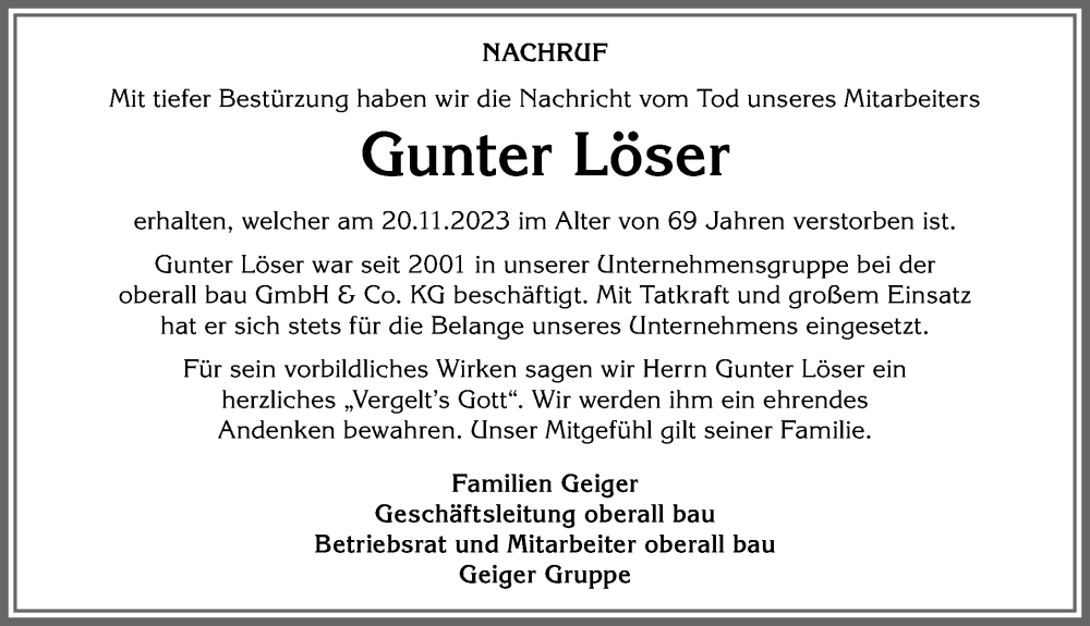  Traueranzeige für Gunter Löser vom 02.12.2023 aus Allgäuer Zeitung,Kempten