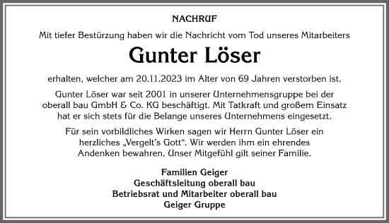 Traueranzeige von Gunter Löser von Allgäuer Zeitung,Kempten