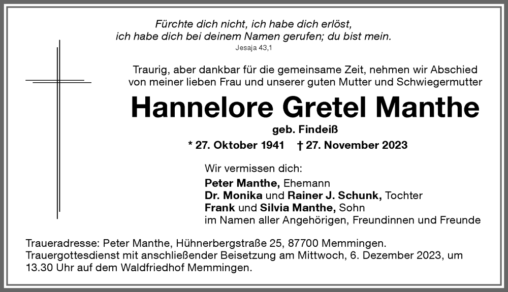  Traueranzeige für Hannelore  Manthe vom 02.12.2023 aus Memminger Zeitung