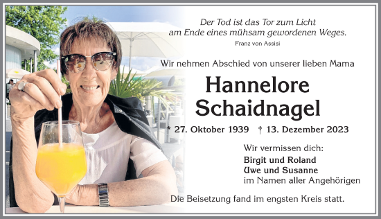 Traueranzeige von Hannelore Schaidnagel von Allgäuer Zeitung,Kempten