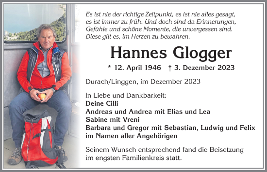 Traueranzeige von Hannes Glogger von Allgäuer Zeitung,Kempten