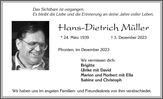 Traueranzeige von Hans-Dietrich Müller von Allgäuer Zeitung, Füssen