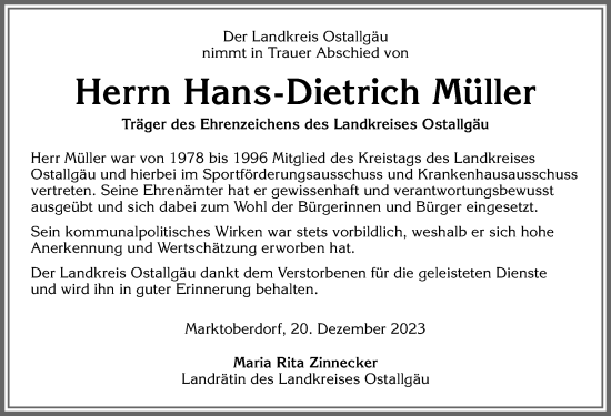 Traueranzeige von Hans-Dietrich Müller von Allgäuer Zeitung, Kaufbeuren/Buchloe