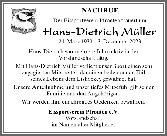 Traueranzeige von Hans-Dietrich Müller von Allgäuer Zeitung, Füssen