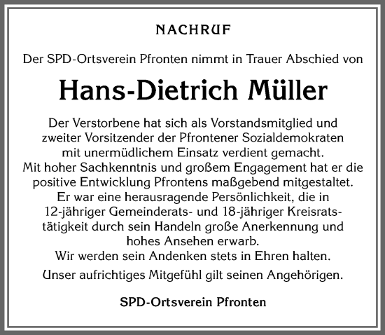 Traueranzeige von Hans-Dietrich Müller von Allgäuer Zeitung, Füssen
