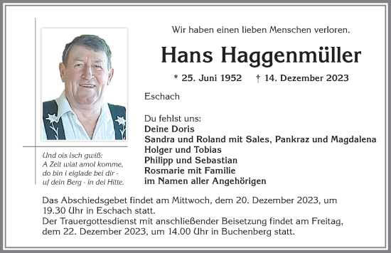 Traueranzeige von Hans Haggenmüller von Allgäuer Zeitung,Kempten