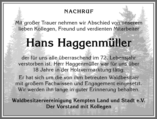 Traueranzeige von Hans Haggenmüller von Allgäuer Zeitung,Kempten