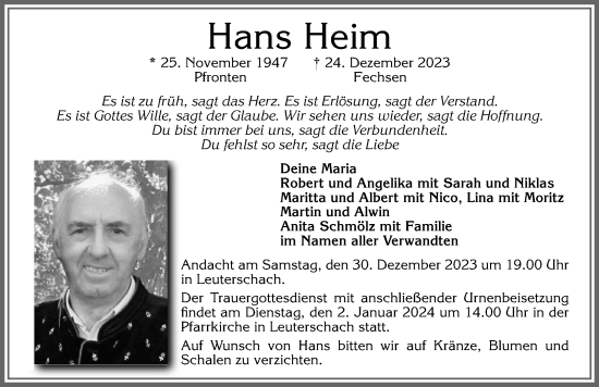 Traueranzeige von Hans Heim von Allgäuer Zeitung, Marktoberdorf