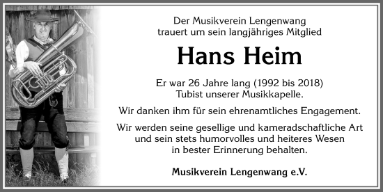 Traueranzeige von Hans Heim von Allgäuer Zeitung, Marktoberdorf