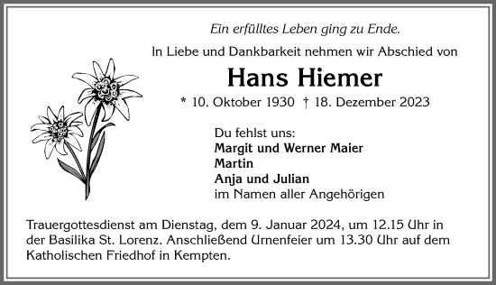 Traueranzeige von Hans Hiemer von Allgäuer Zeitung,Kempten