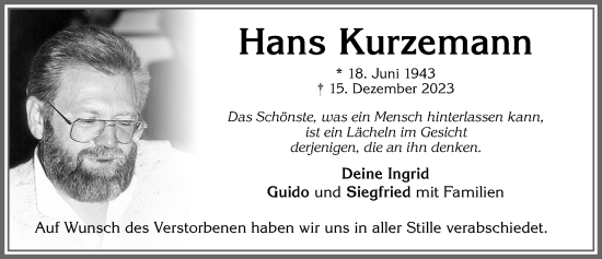 Traueranzeige von Hans Kurzemann von Allgäuer Zeitung,Kempten