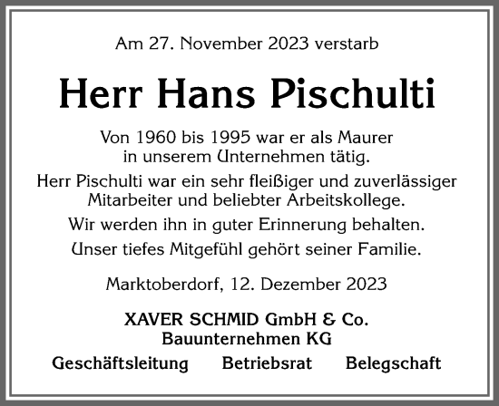 Traueranzeige von Hans Pischulti von Allgäuer Zeitung, Marktoberdorf