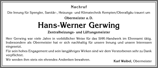 Traueranzeige von Hans-Werner Gerwing von Allgäuer Zeitung,Kempten