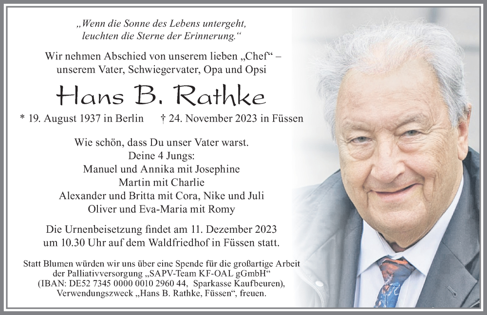  Traueranzeige für Hans B. Rathke vom 04.12.2023 aus Allgäuer Zeitung, Füssen