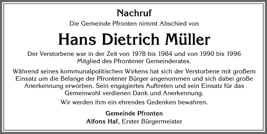 Traueranzeige von Hans Dietrich Müller von Allgäuer Zeitung, Füssen