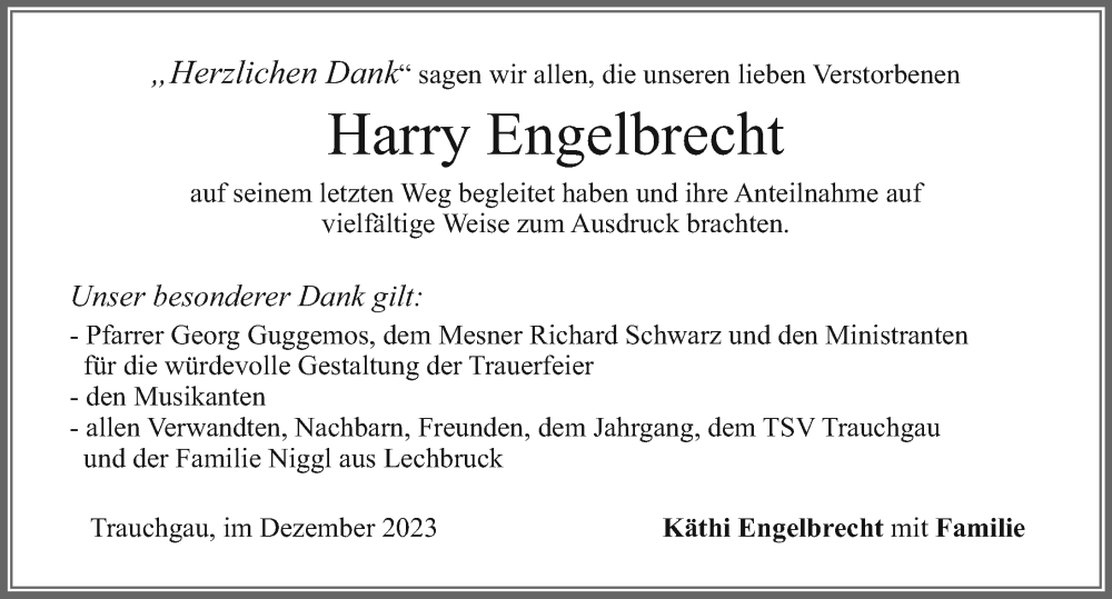  Traueranzeige für Harry Engelbrecht vom 09.12.2023 aus Allgäuer Zeitung, Füssen
