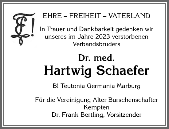 Traueranzeige von Hartwig Schaefer von Allgäuer Zeitung,Kempten