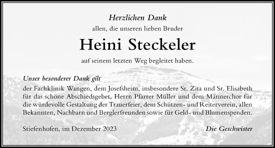 Traueranzeige von Heini Steckeler von Der Westallgäuer