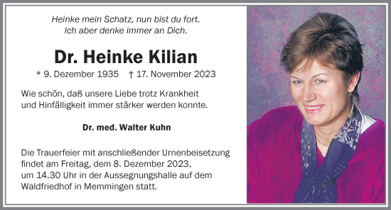 Traueranzeige von Heinke Kilian von Memminger Zeitung
