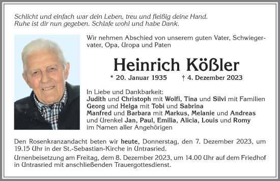 Traueranzeige von Heinrich Kößler von Allgäuer Zeitung, Marktoberdorf